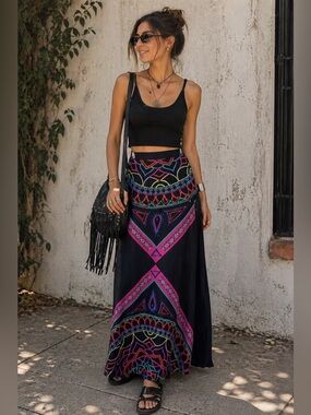 Sabo Skirt Black Colorful Geometric Print A-Line Bohemian Maxi Skirt Size XS